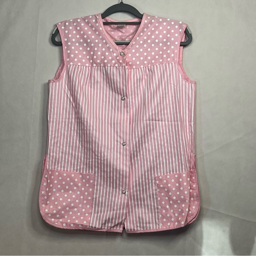 VTG Village Inn S Women's Art Smock Vest Stripes Polka Dots Snap Buttons